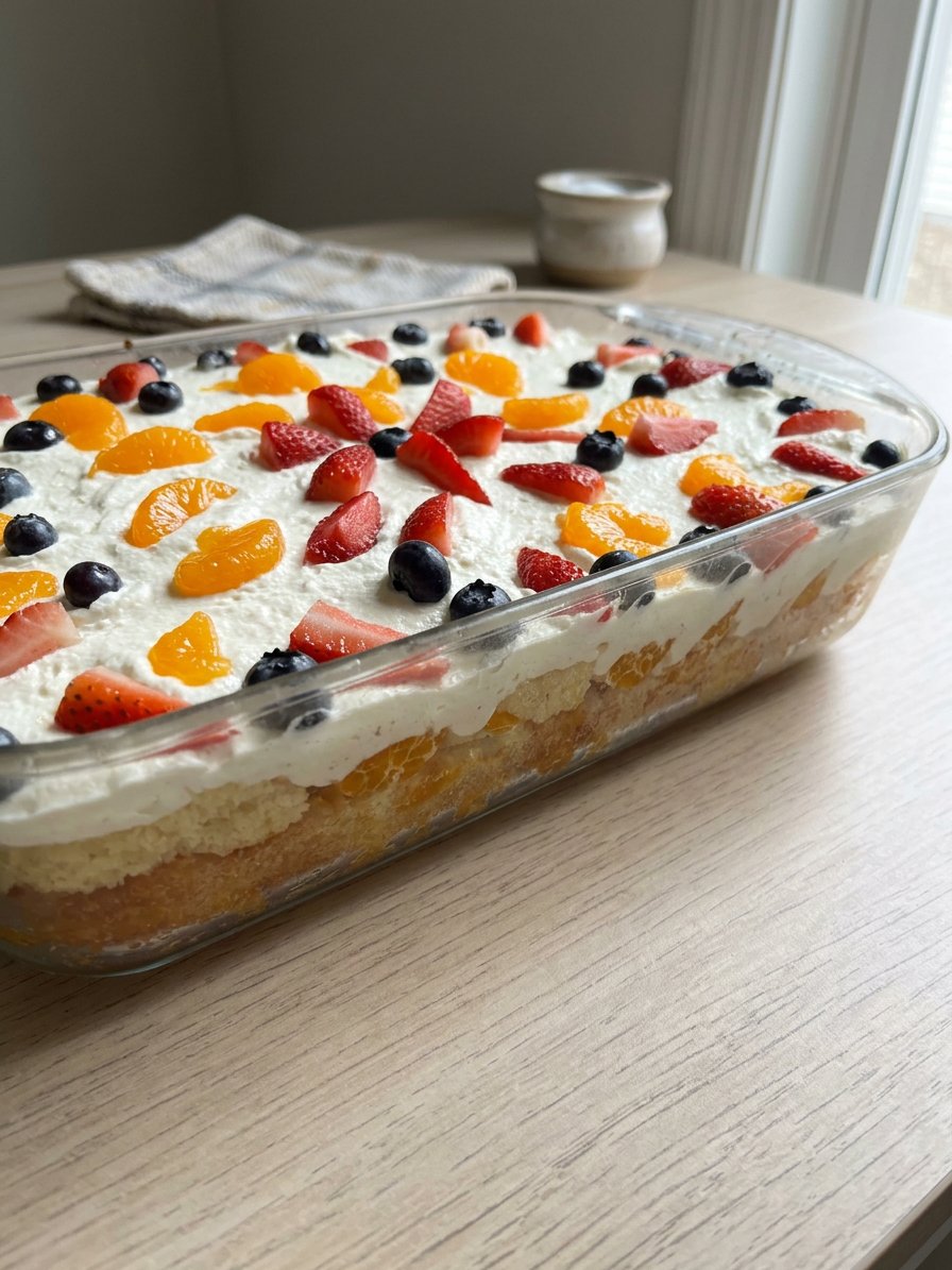 A slice of Mandarin Orange Cake with thick pineapple frosting on a white plate