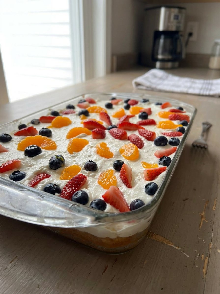 A whole 9x13 mandarin orange cake garnished with orange segments