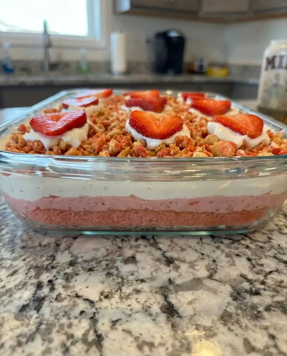 Strawberry Poke Cake 3 12 Ingredients for strawberry poke cake including white cake mix, pie filling, and fresh berries laid out on a marble counter