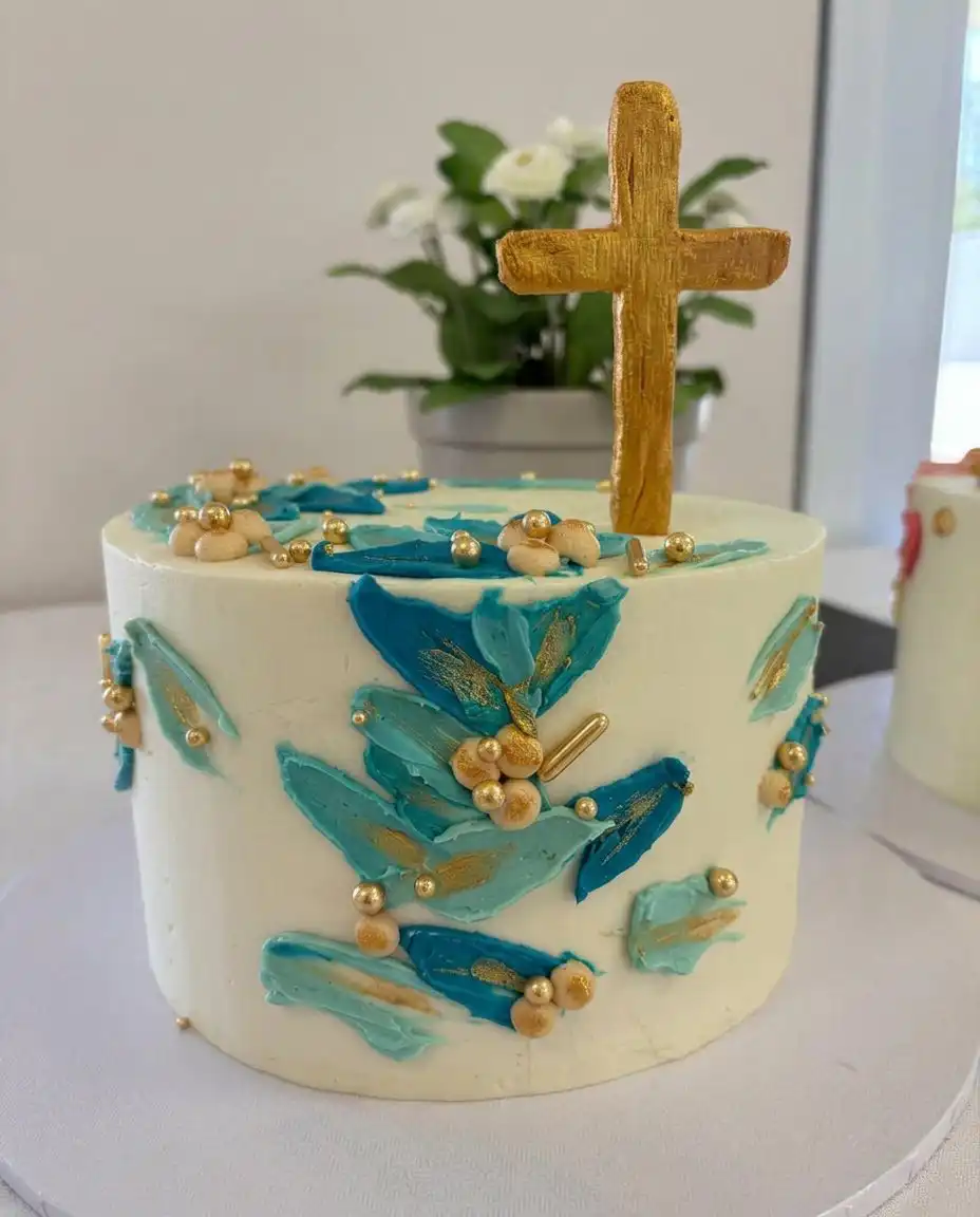 Ingredients for a baptism cake including butter, milk, flour, and eggs on a wooden table