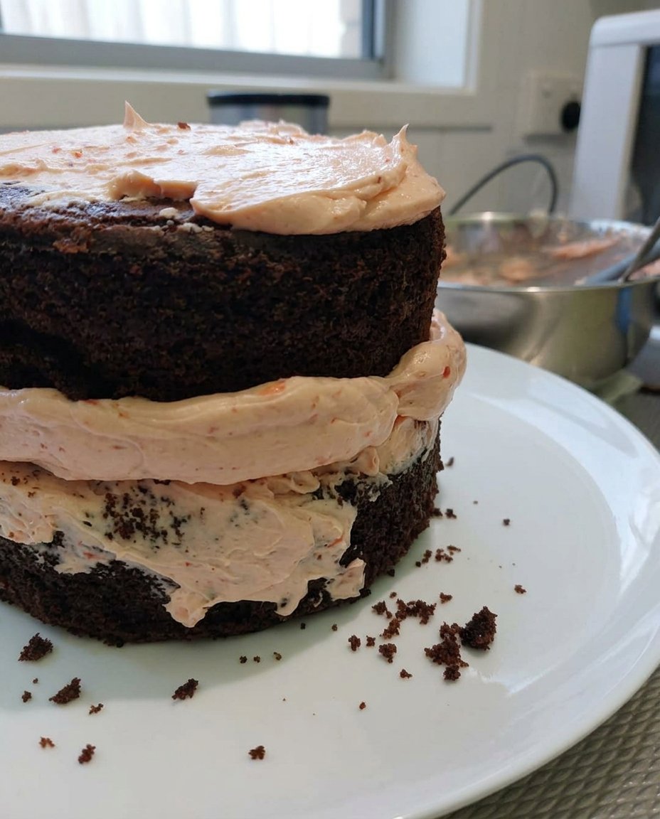 Ingredients for strawberry chocolate cake including cocoa powder buttermilk and fresh berries