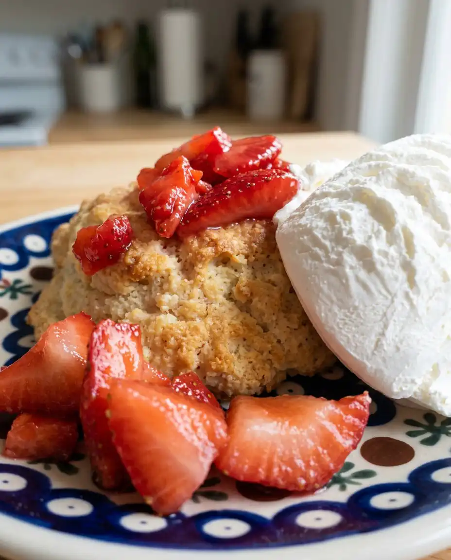 A collection of fresh strawberries, bowls of flour, buttermilk, and lemon zest on a wooden surface.