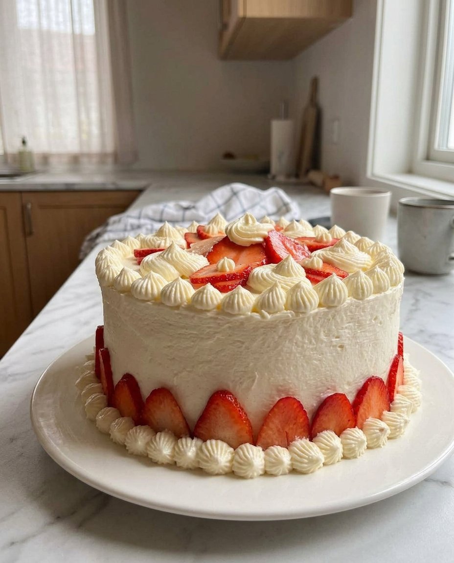 Strawberry Vanilla Cake 2 12 Fresh strawberries, olive oil, eggs, and Greek yogurt on a wooden table