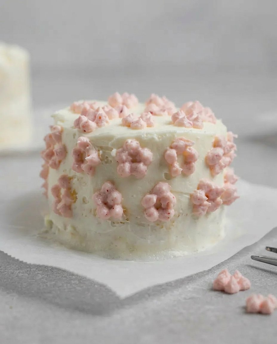 A vanilla lunch box cake with purple piping inside a white compostable clamshell box