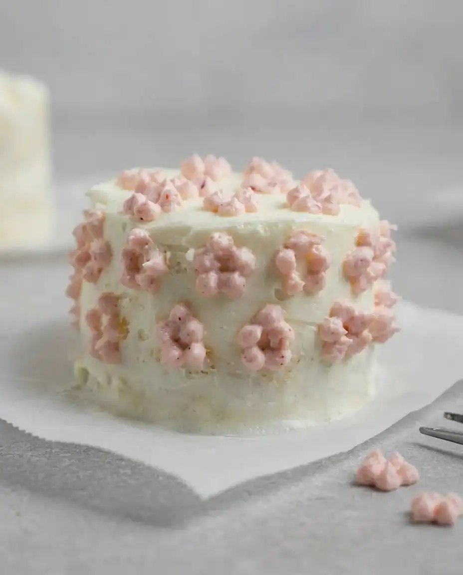A vanilla lunch box cake with purple piping inside a white compostable clamshell box