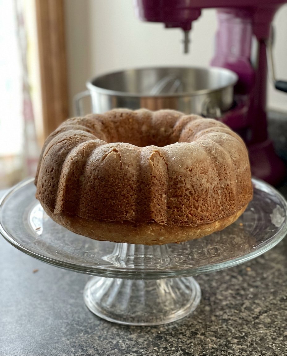 A moist slice of brown cake with a crackly sugar crust on a white plate