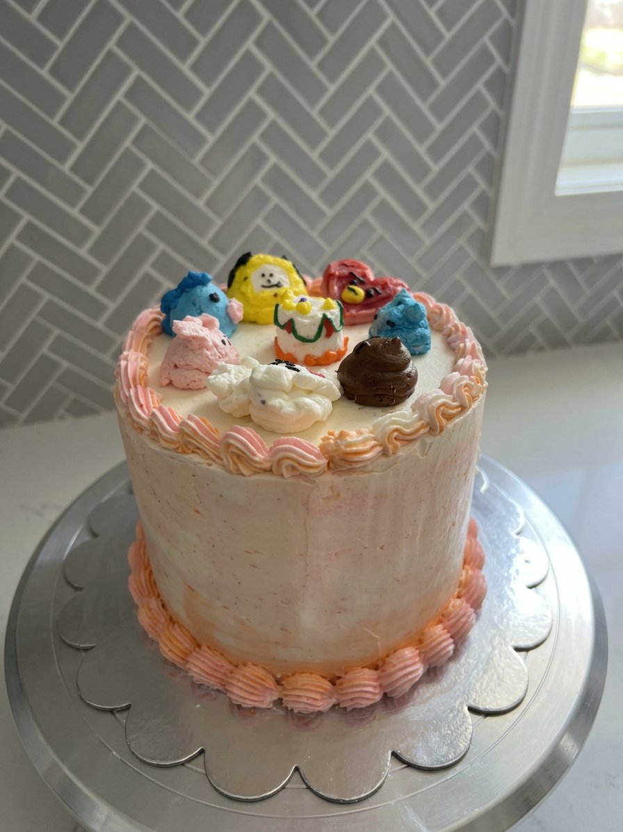 A moist Bts Cake with vanilla buttercream and purple sprinkles