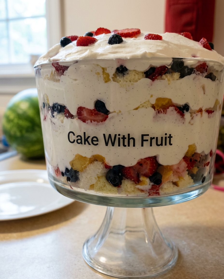 A close up of a moist cake with fruit slices showing a jammy interior