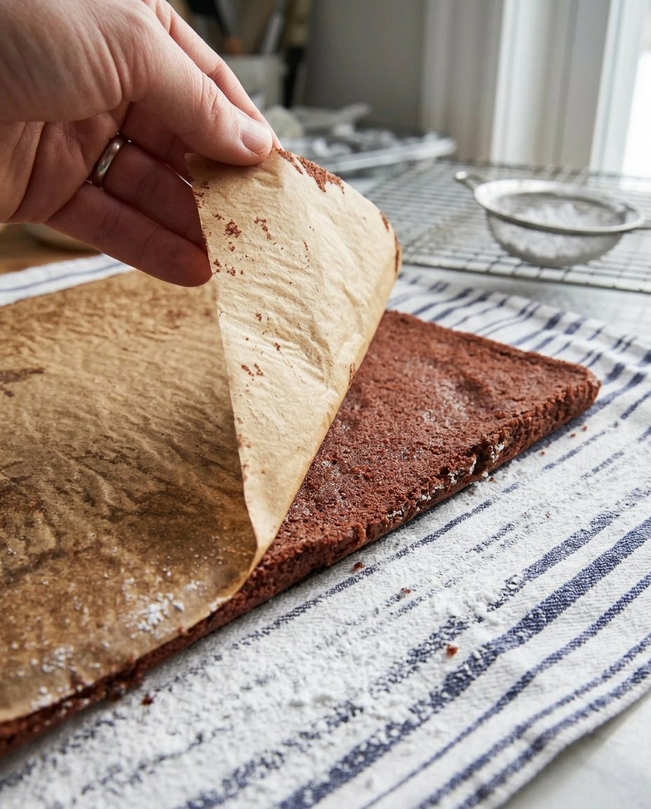 Yule Log Cake 13 The process of rolling a chocolate sponge cake in a towel