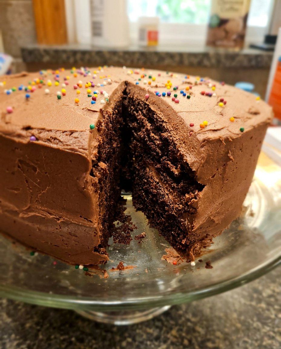 A close up shot of a moist homemade chocolate cake slice showing the tender crumb.
