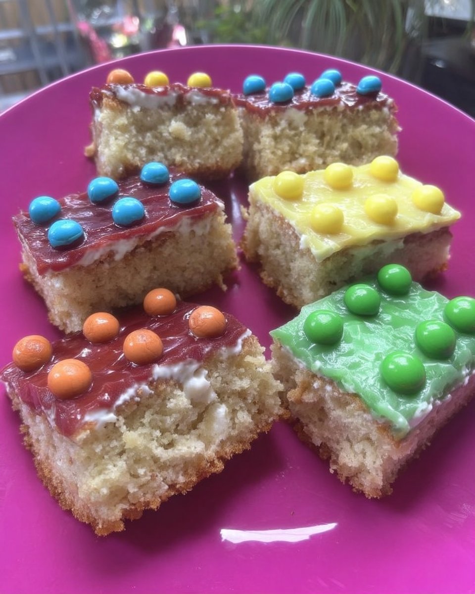A close up shot of a moist orange soda sheet cake cut into colorful lego bricks