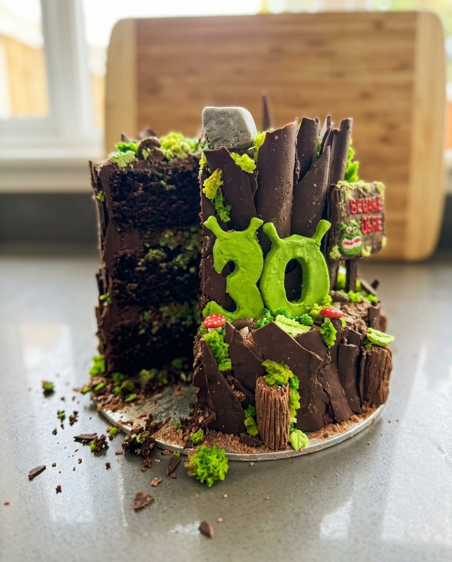 A close up of a moist Shrek Cake with green marzipan skin and chocolate almond base