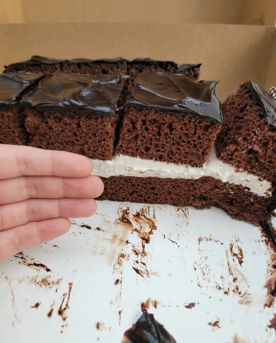 A close up of a moist square chocolate cake with thick frosting