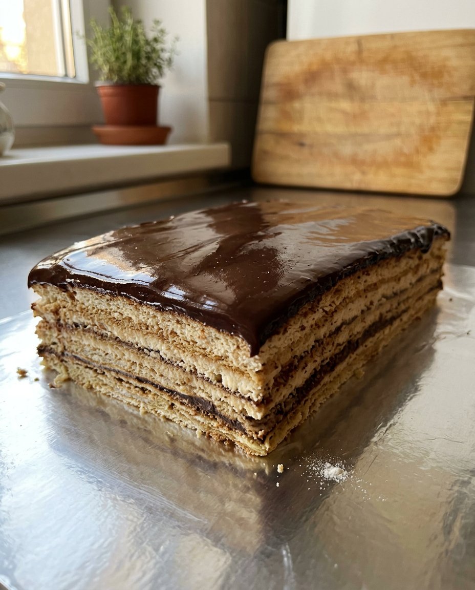 Close up view of the seven layers of a syrup soaked Opera Cake