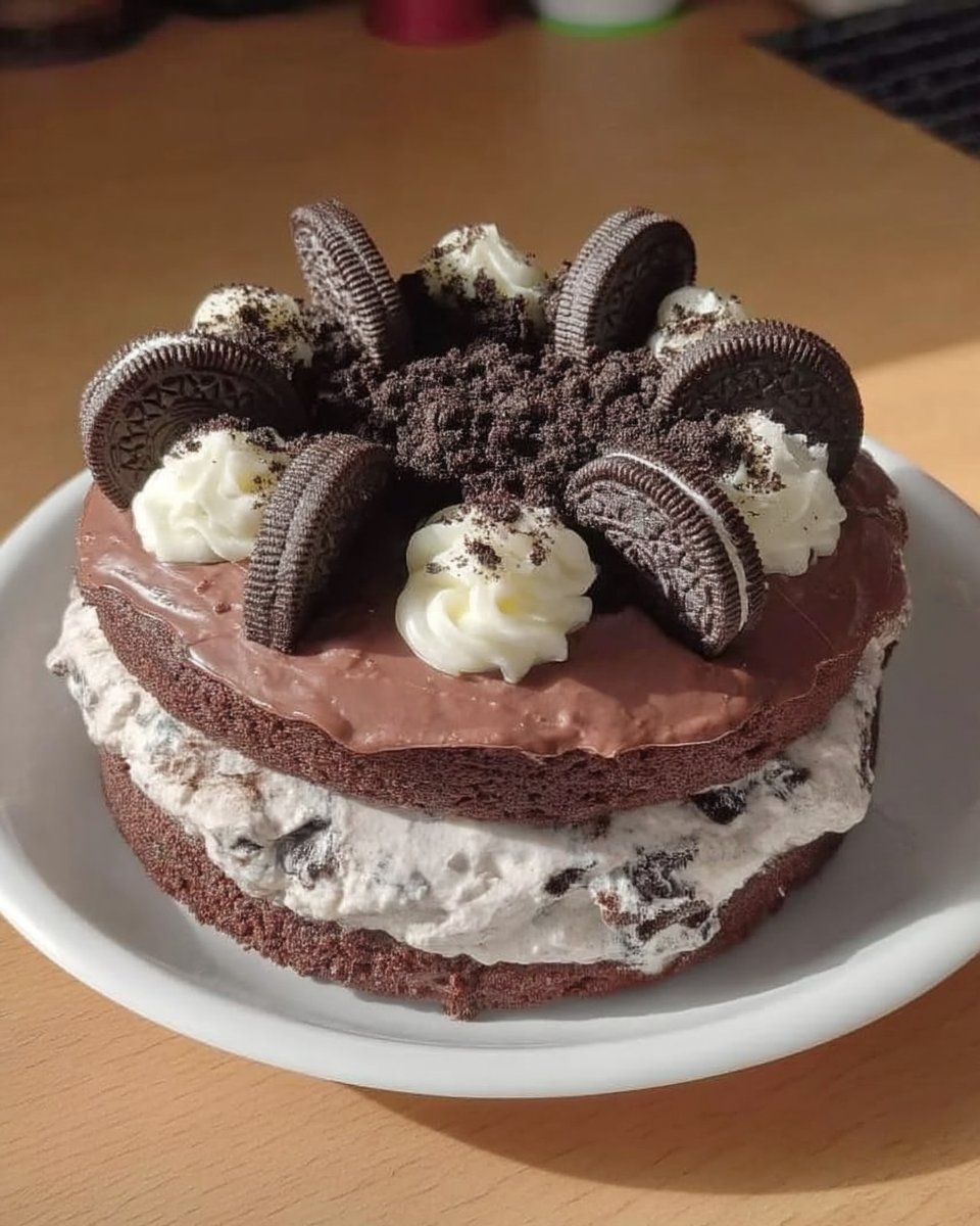 A professional slice of Oreo cake with a chocolate ganache drip