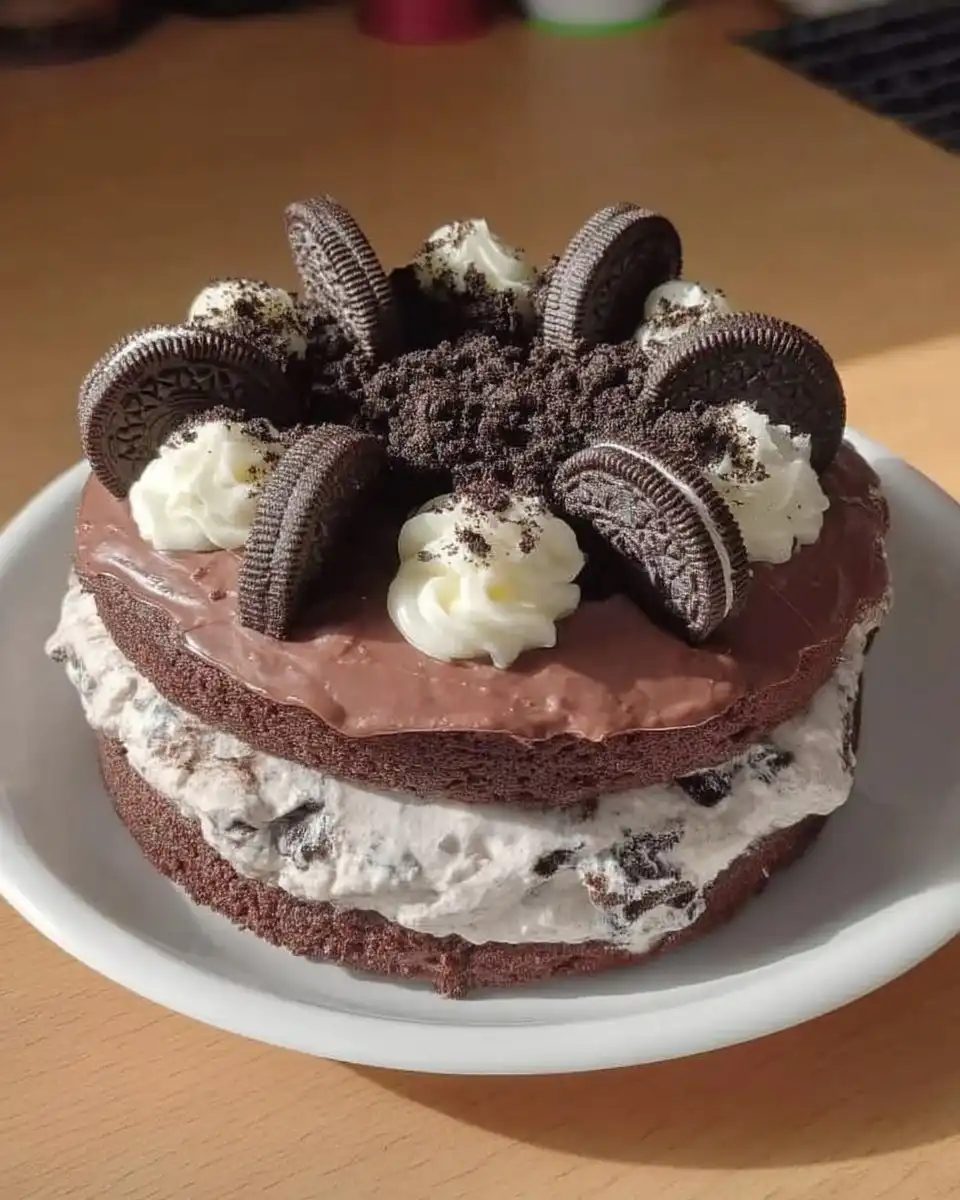 Oreo Cake 14 A professional slice of Oreo cake with a chocolate ganache drip