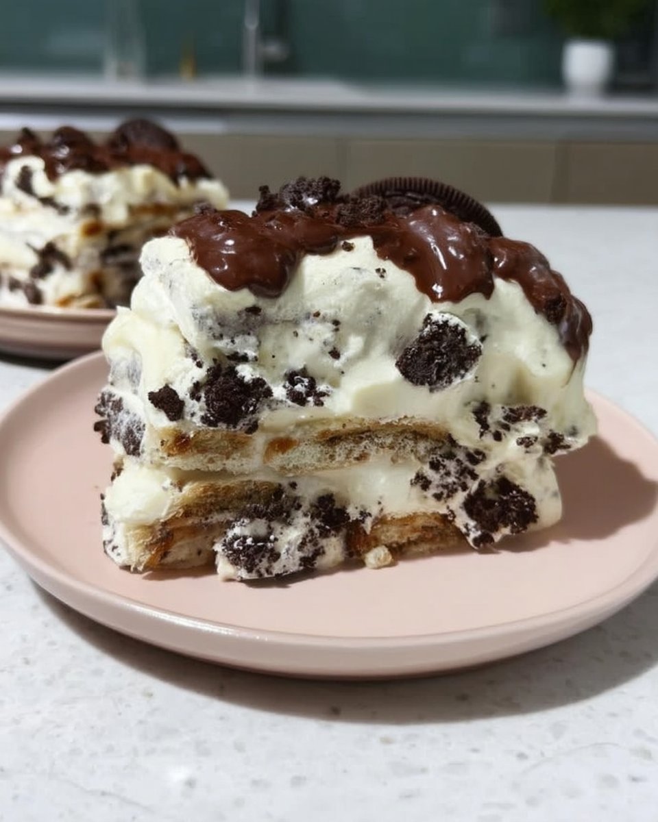 Side view of Oreo Icebox Cake showing alternating layers of cream and dark cookies