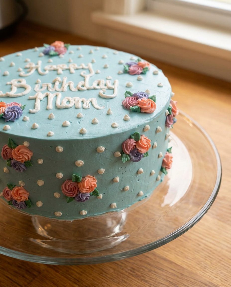A 5 inch high Happy Birthday Mom Cake with spatula painted roses and green leaves