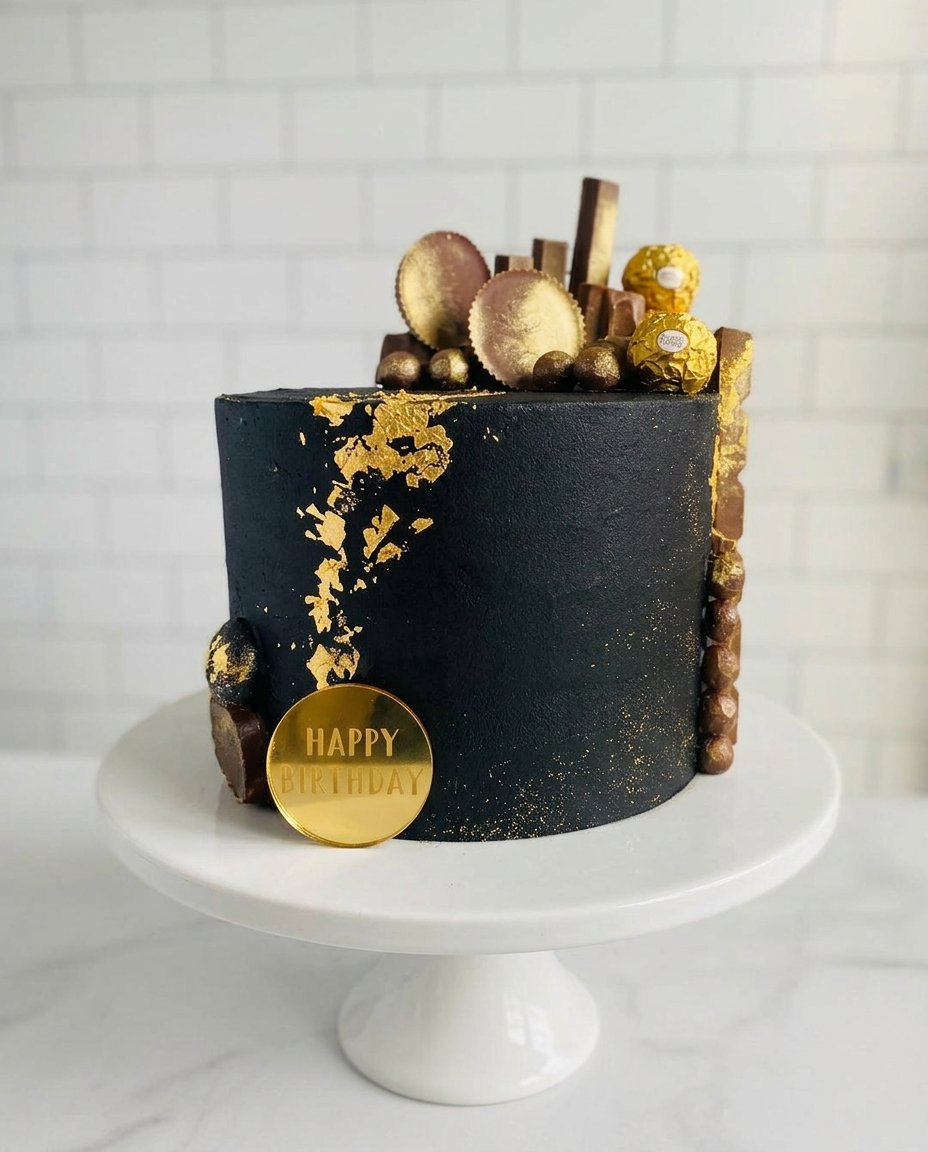 A hand using a fine brush to paint gold luster dust onto a white chocolate drip on a black cake.