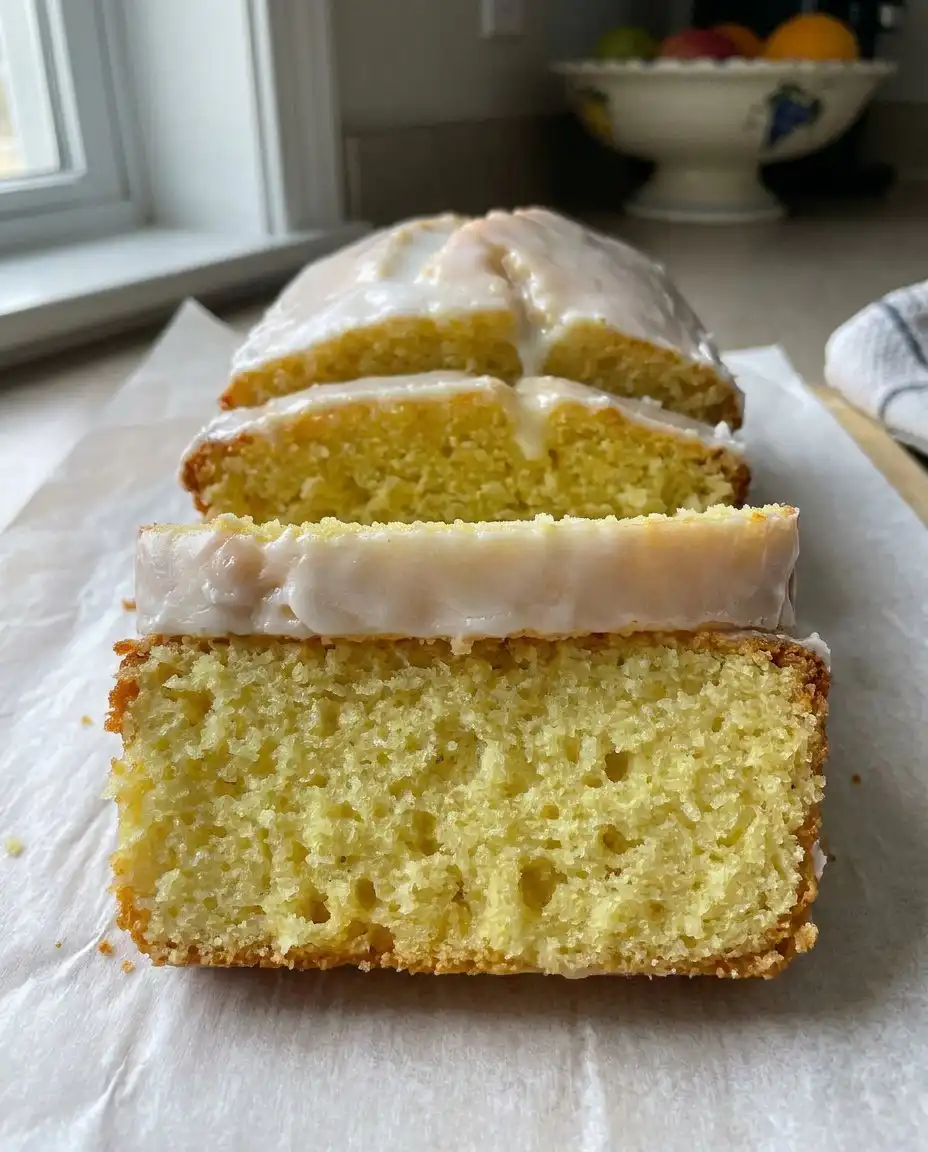 A close up macro shot of a slice of lemon pound cake showing the tight velvet crumb