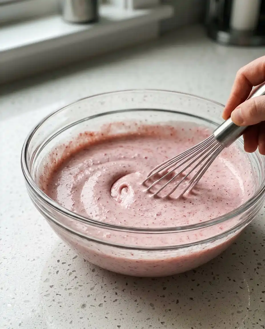 A slice of strawberry tres leches cake showing the moist saturated texture