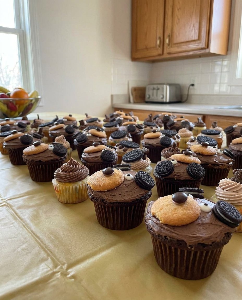 Close up of a piping tip creating individual stars of chocolate buttercream on the cake surface.