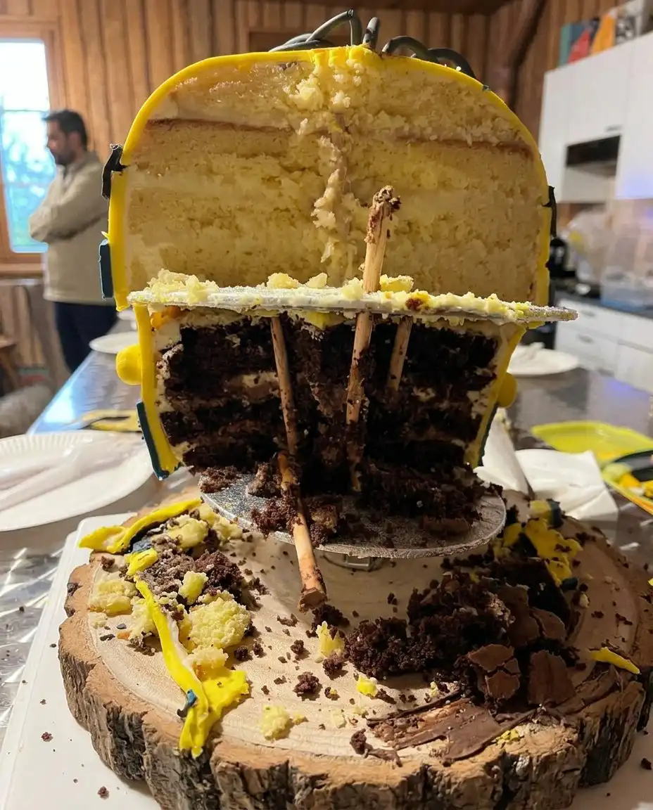 Hand piping melted chocolate goggles onto a yellow frosted cake