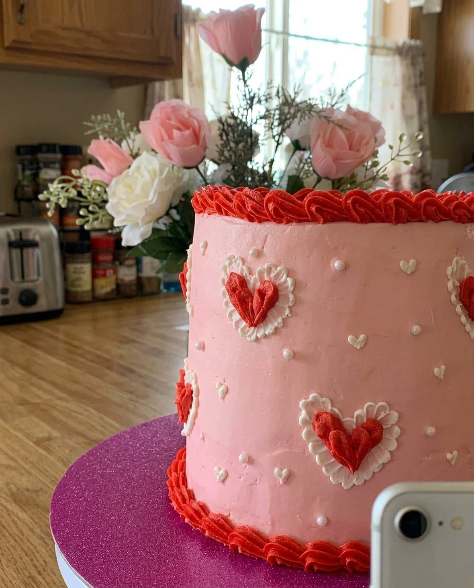 Valentines Day Cake 13 Hand piping pink frosting drips down the side of a white layered cake