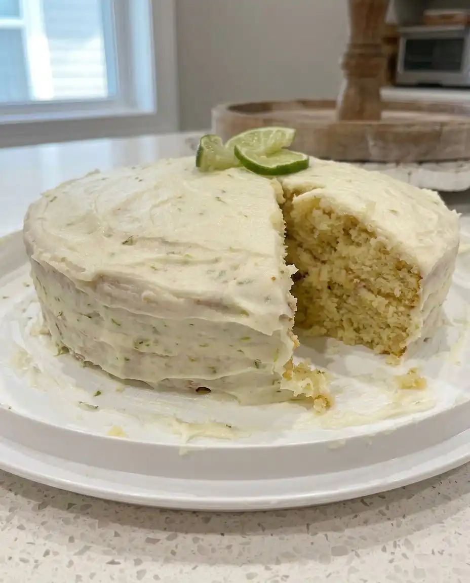 Key Lime Cake 2 14 A square slice of key lime cake on a white plate garnished with a thin lime wheel.