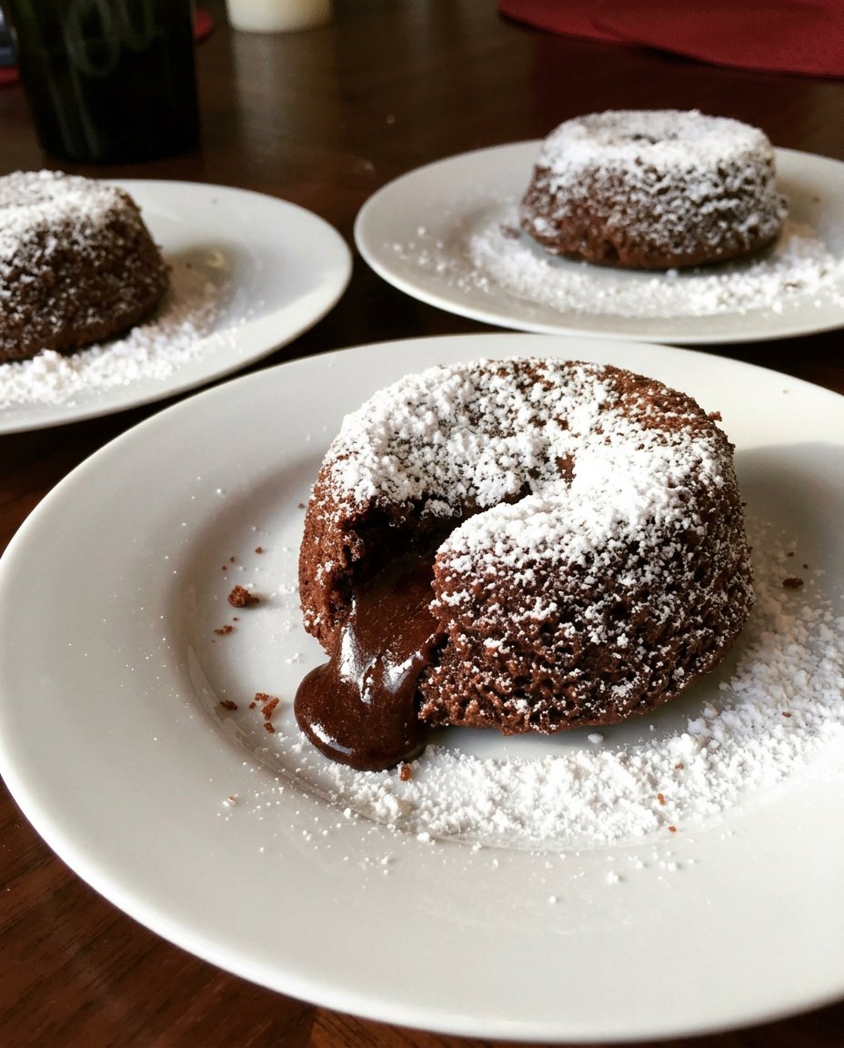 A plated lava cake with a scoop of vanilla ice cream and powdered sugar
