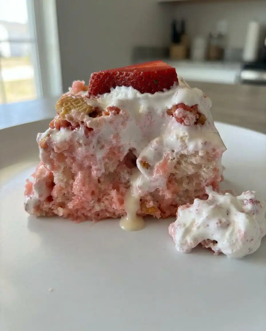 Strawberry Poke Cake 3 13 A wooden spoon handle being used to poke even holes into a freshly baked white cake