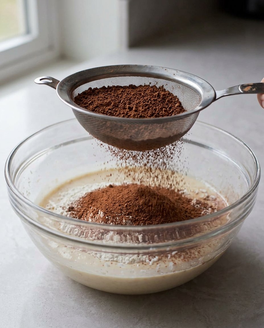 Square Cake 13 Glossy chocolate cake batter being poured into a parchment lined square pan