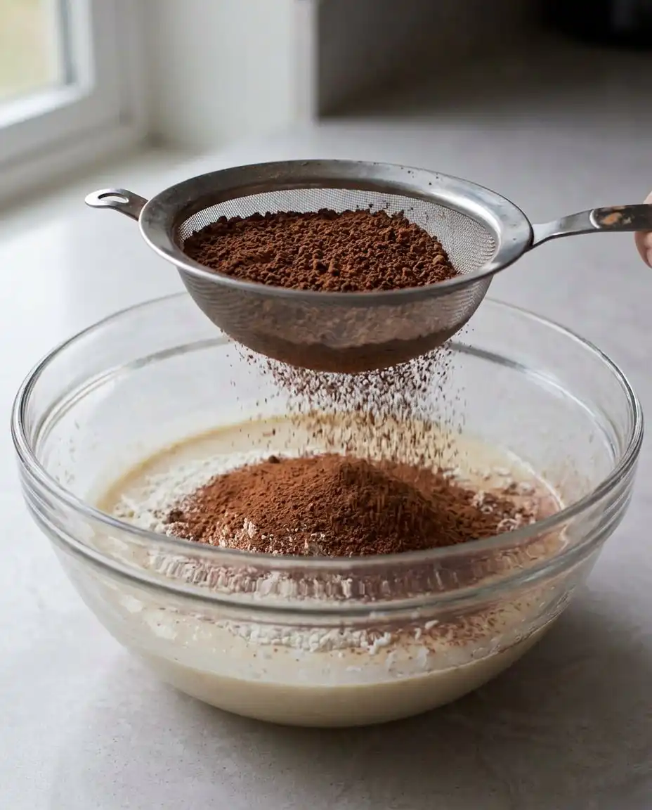 Glossy chocolate cake batter being poured into a parchment lined square pan