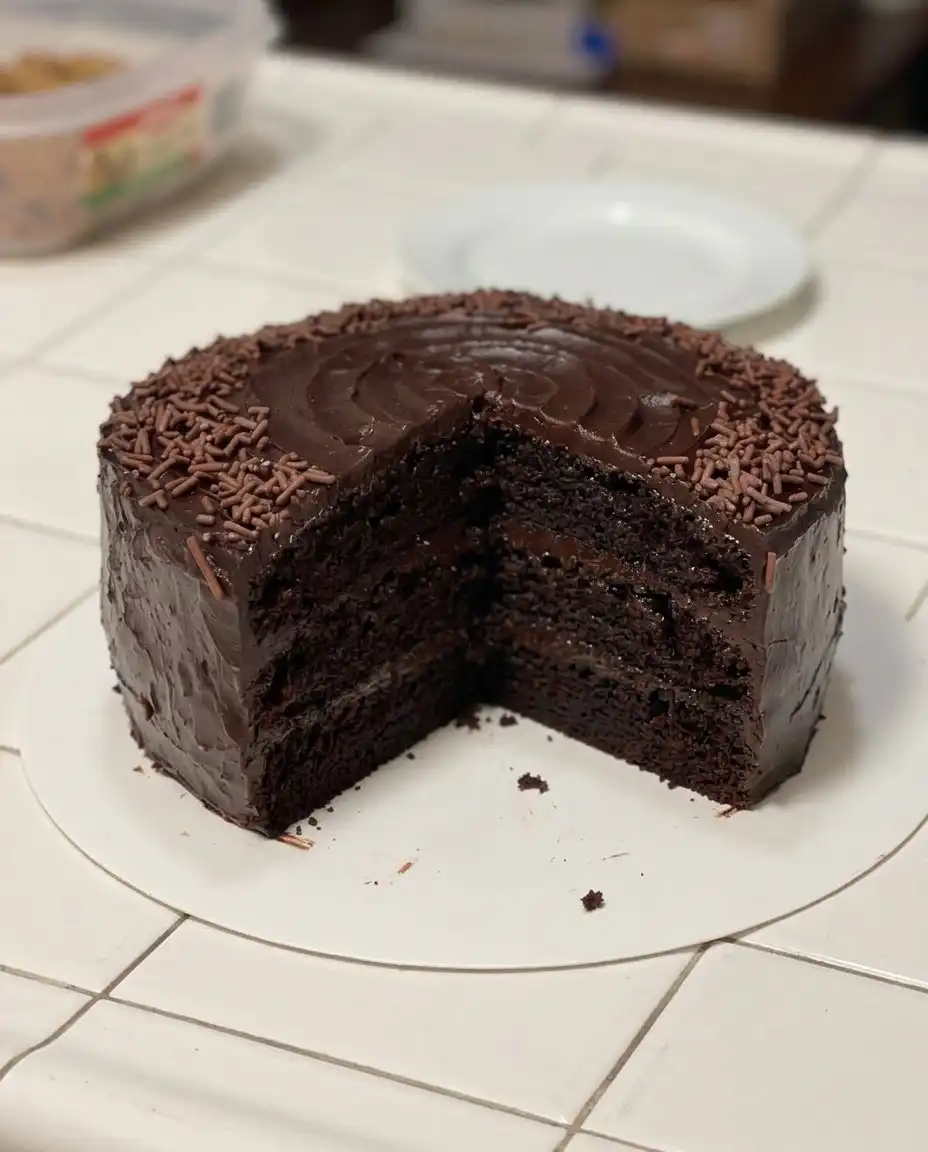 A hand pouring thick chocolate frosting over a dark chocolate cake layer