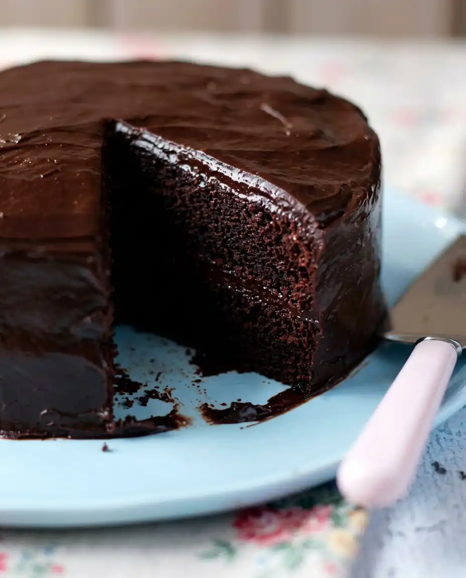 Warm chocolate icing being poured over a freshly baked easy chocolate cake