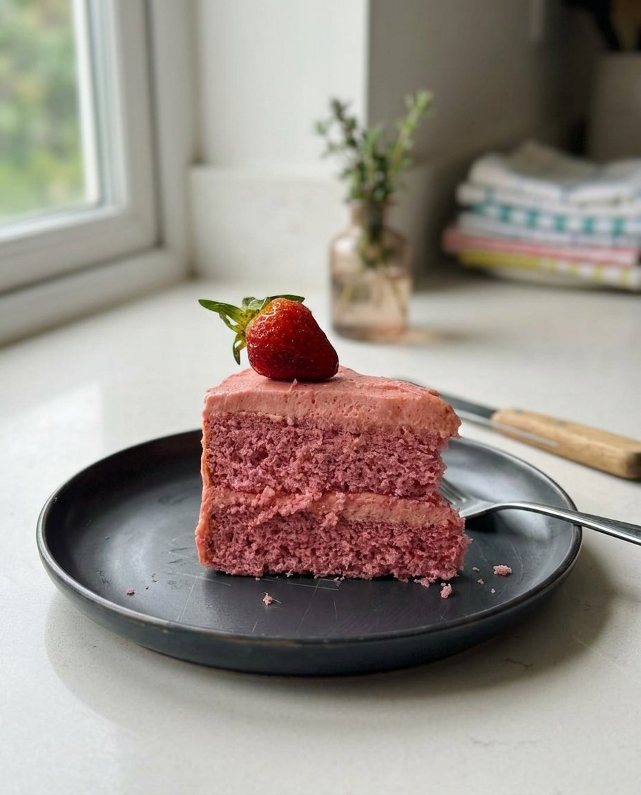 Strawberry Prosecco Cake 2 12 Fresh strawberries, a bottle of prosecco, butter, and eggs arranged on a wooden table.