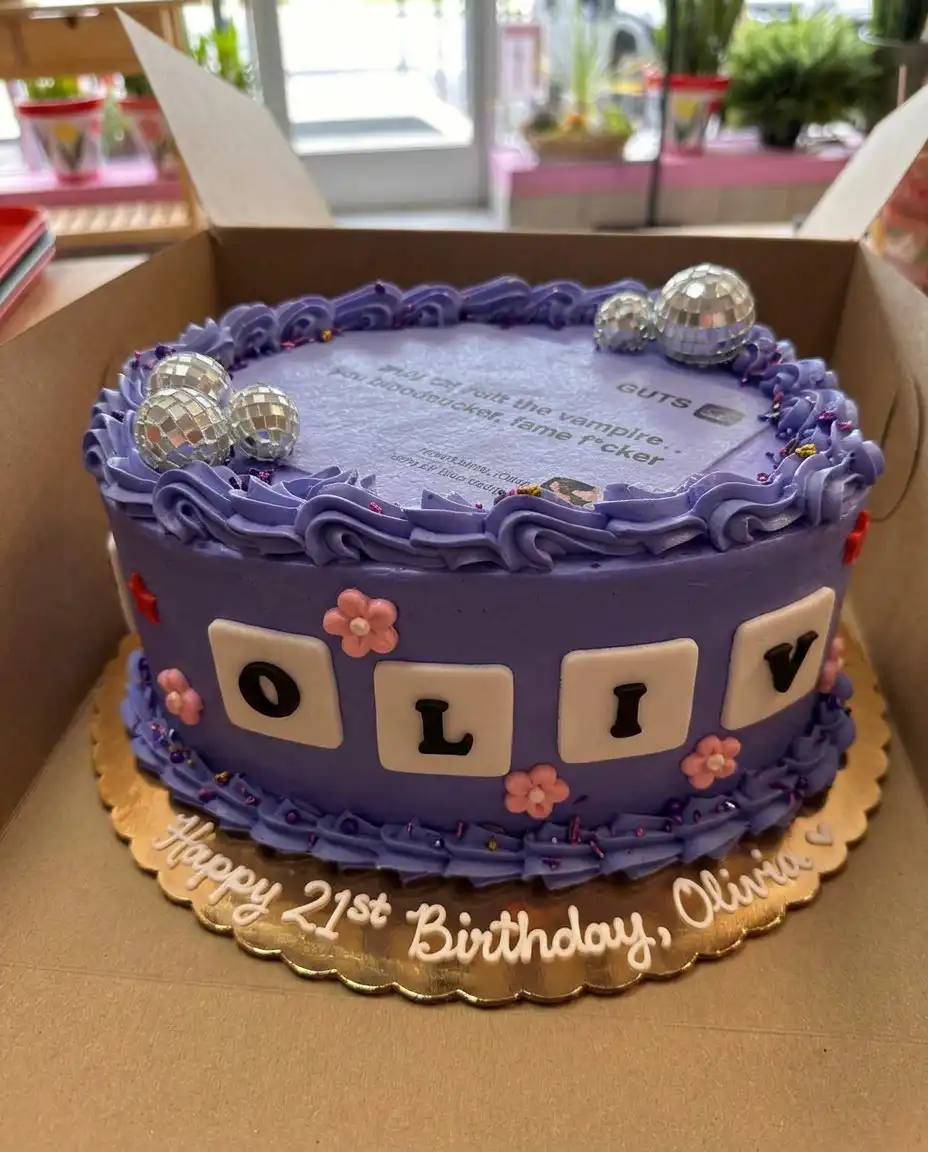 Olivia Rodrigo Cake 12 Ingredients for a purple sponge cake including butter eggs and gel coloring