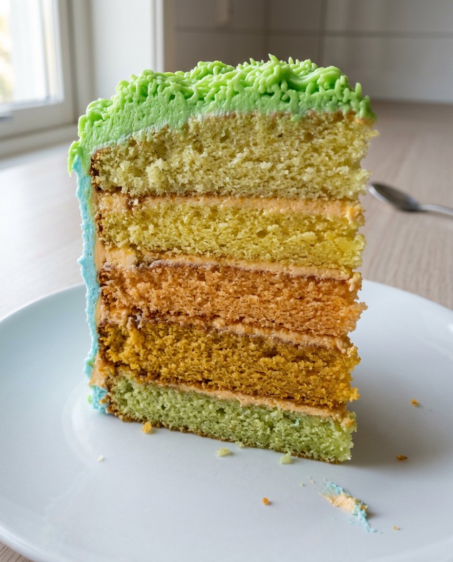A slice of rainbow cake served next to a traditional cup of Turkish coffee.