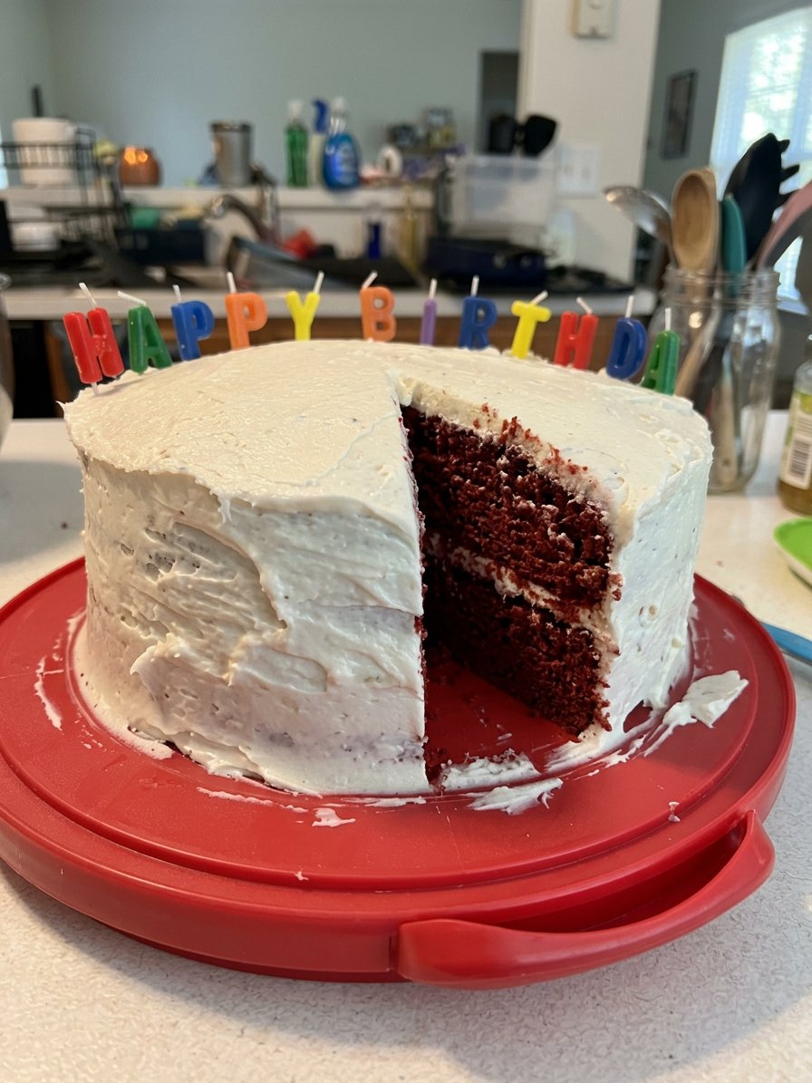 Red Cake 12 Measuring cups of flour, buttermilk, and oil for a red cake recipe.