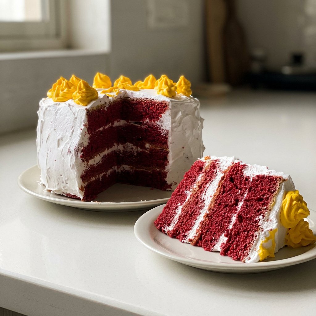 Red Cake 13 Three round cake pans filled with red batter inside an oven.