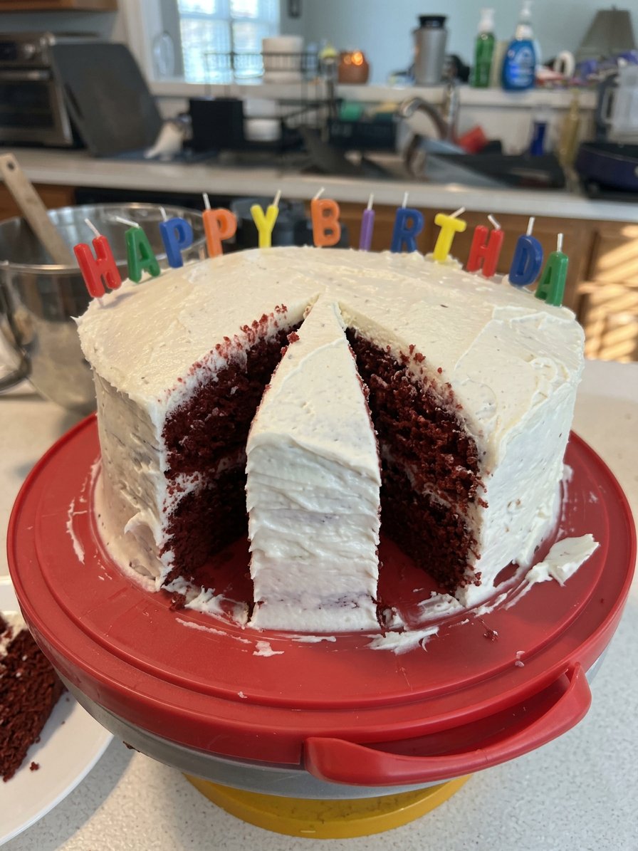 A close up shot of a red cake showing the fine velvet crumb and white frosting.