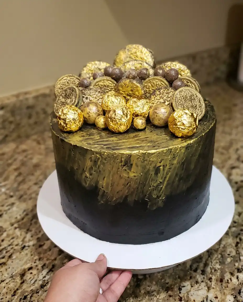 Black And Gold Cake 12 High quality cocoa powder, butter, eggs, and black gel food coloring on a marble surface.