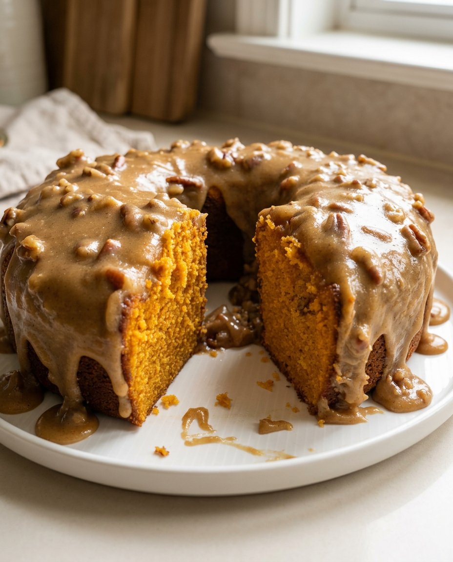 A close up shot of a sliced sweet potato cake showing a moist and dense crumb structure