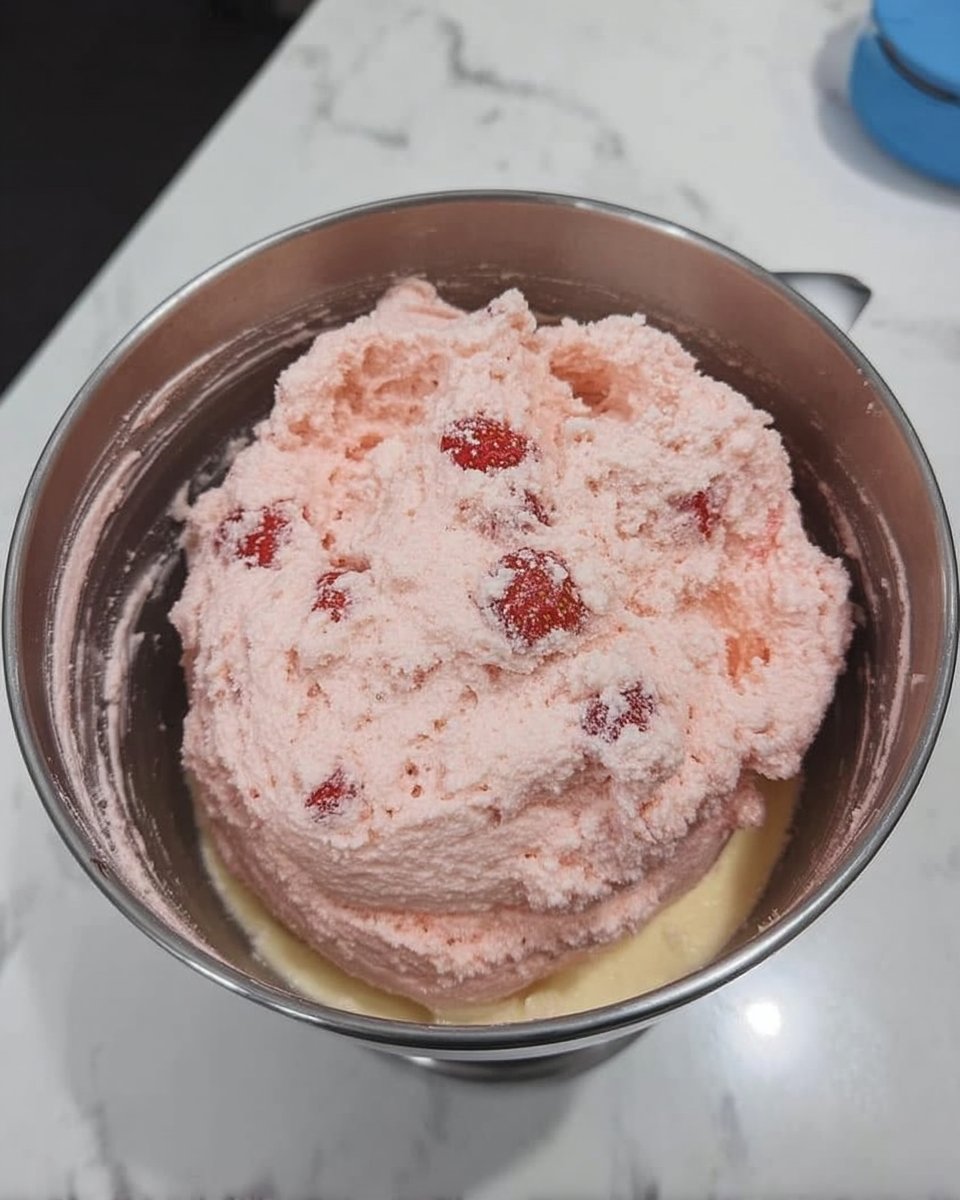 Whisking strawberry reduction into a creamy cake batter base
