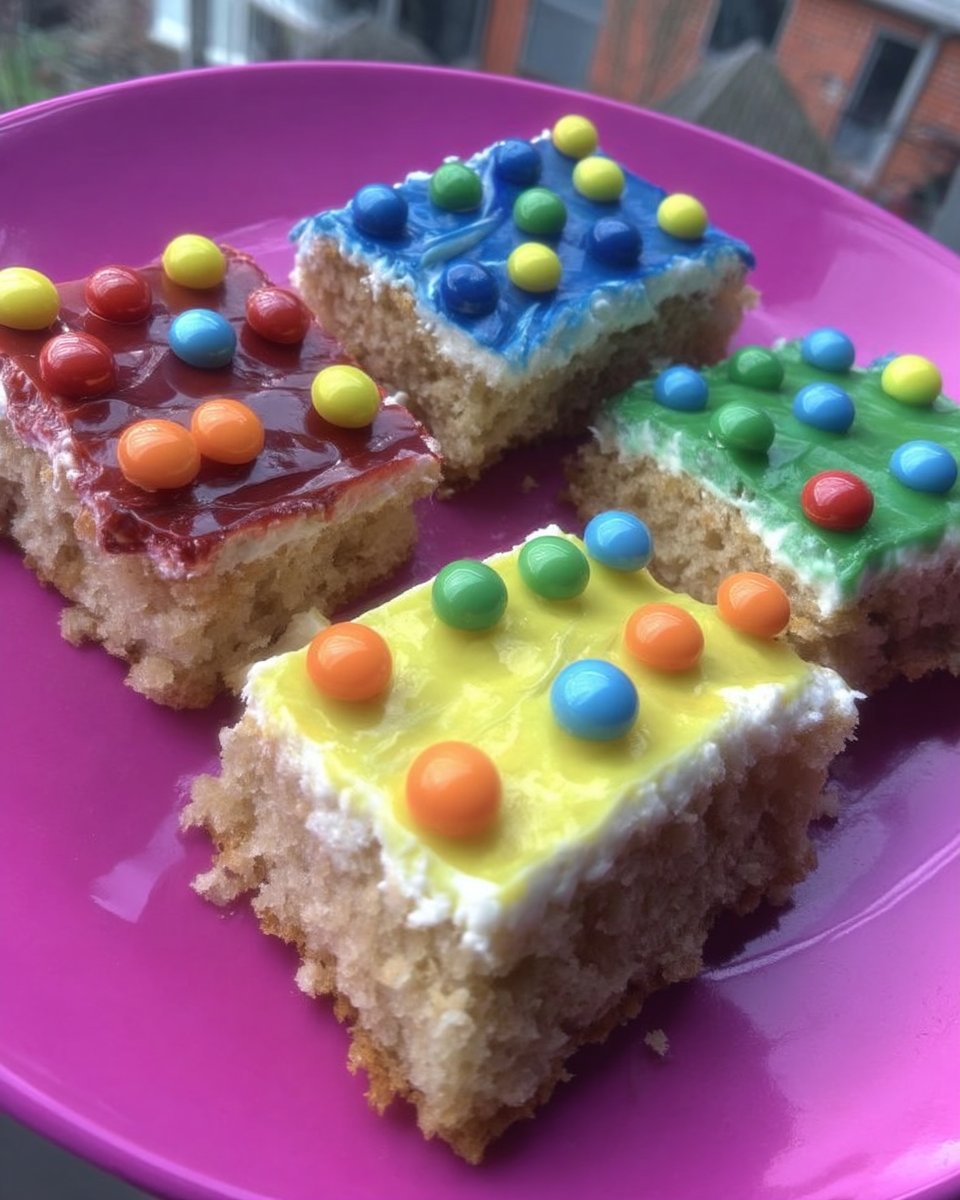 Lego Cake 14 A white platter filled with colorful lego cake bricks decorated with candies