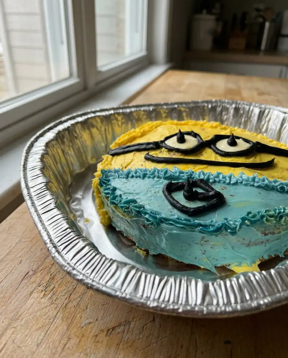 Slices of yellow minion cake showing the dark chocolate nutella layer inside