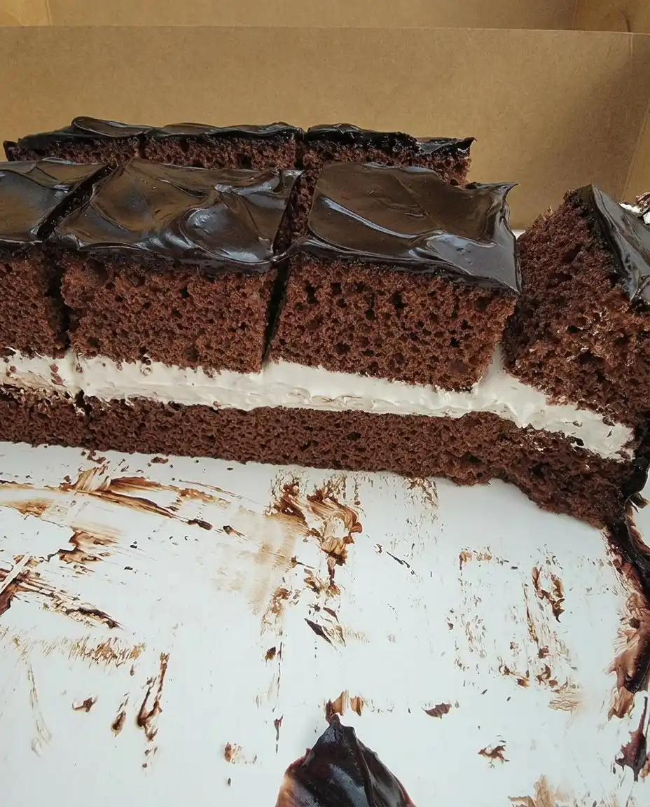 A slice of chocolate square cake next to a cup of turkish coffee