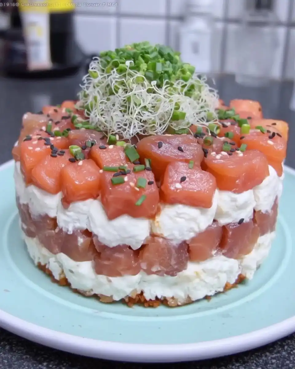 Sushi Cake 14 A slice of sushi cake being served on a plate
