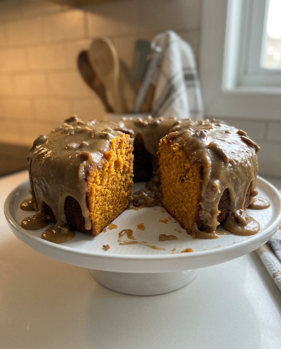 A perfectly sliced piece of sweet potato cake on a white plate with a clean edge