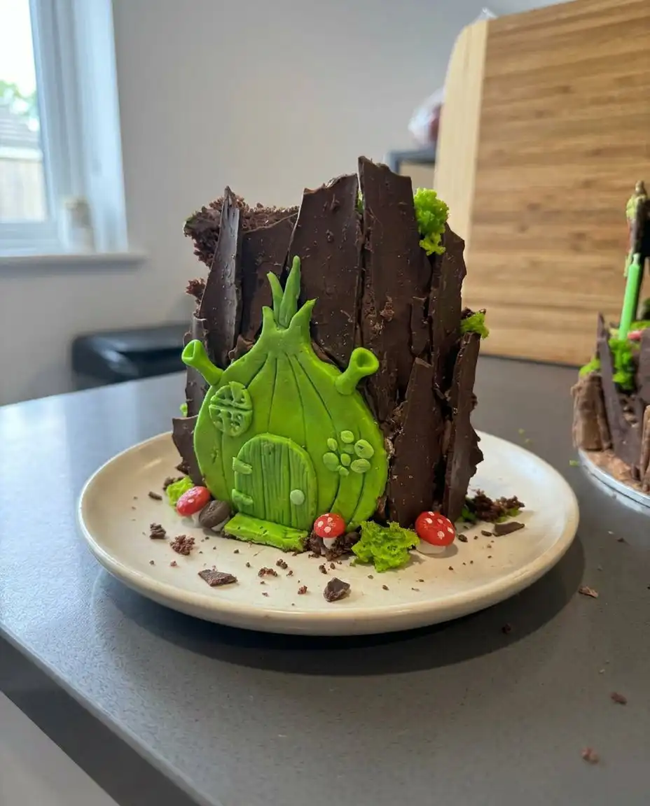 A slice of Shrek Cake showing the dark chocolate interior and green exterior